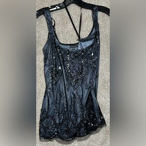 MARINA Black beaded and sequined tank top